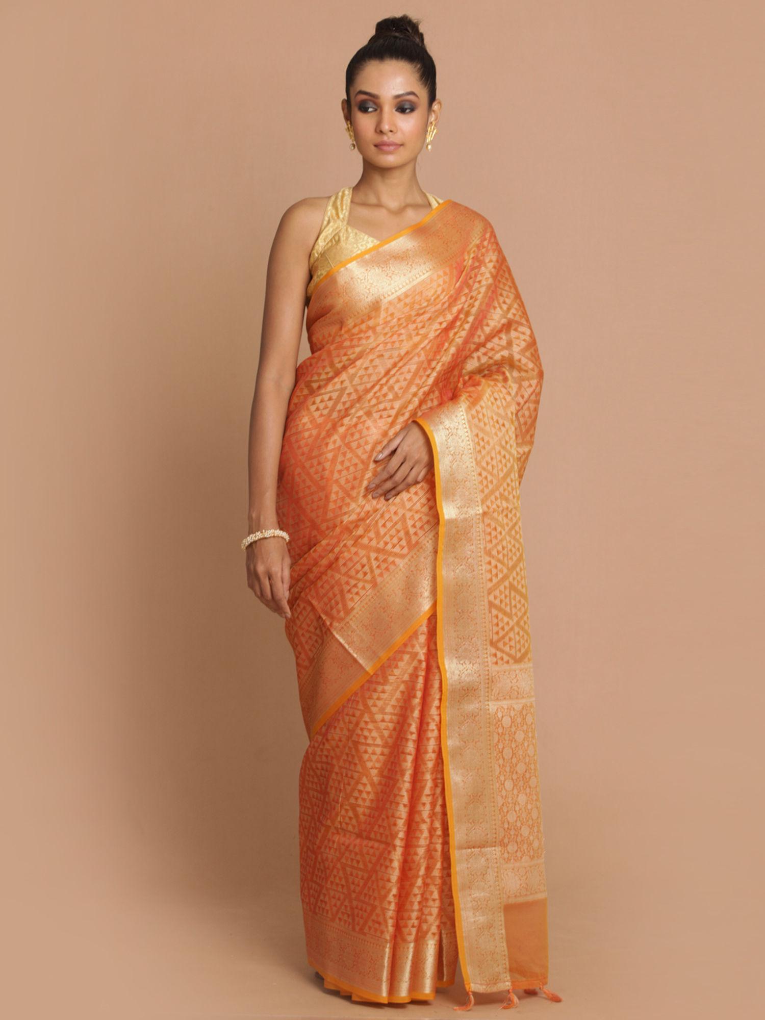 banarasi rust woven design daily wear saree with unstitched blouse