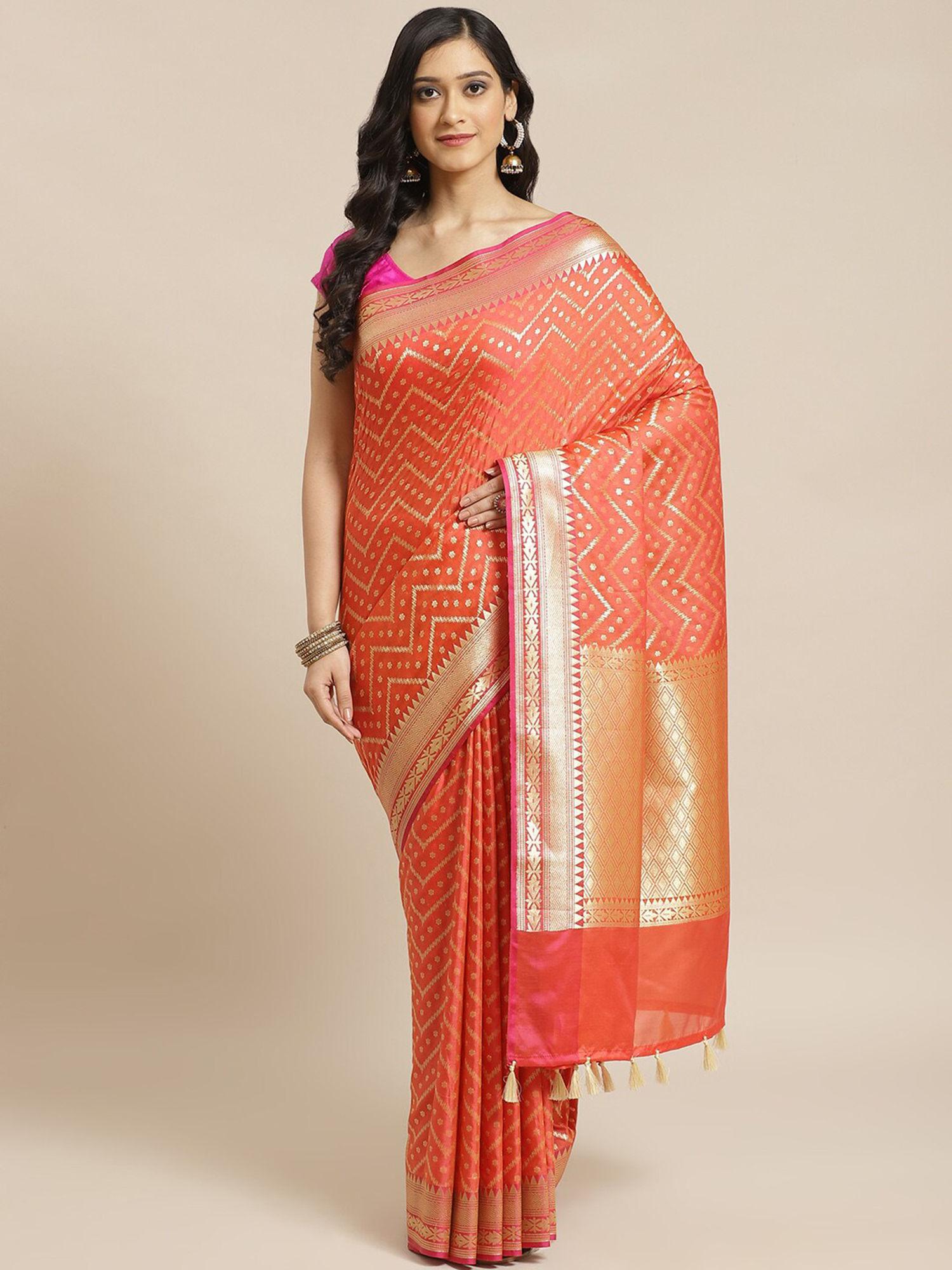 banarasi rust woven design party wear saree with unstitched blouse