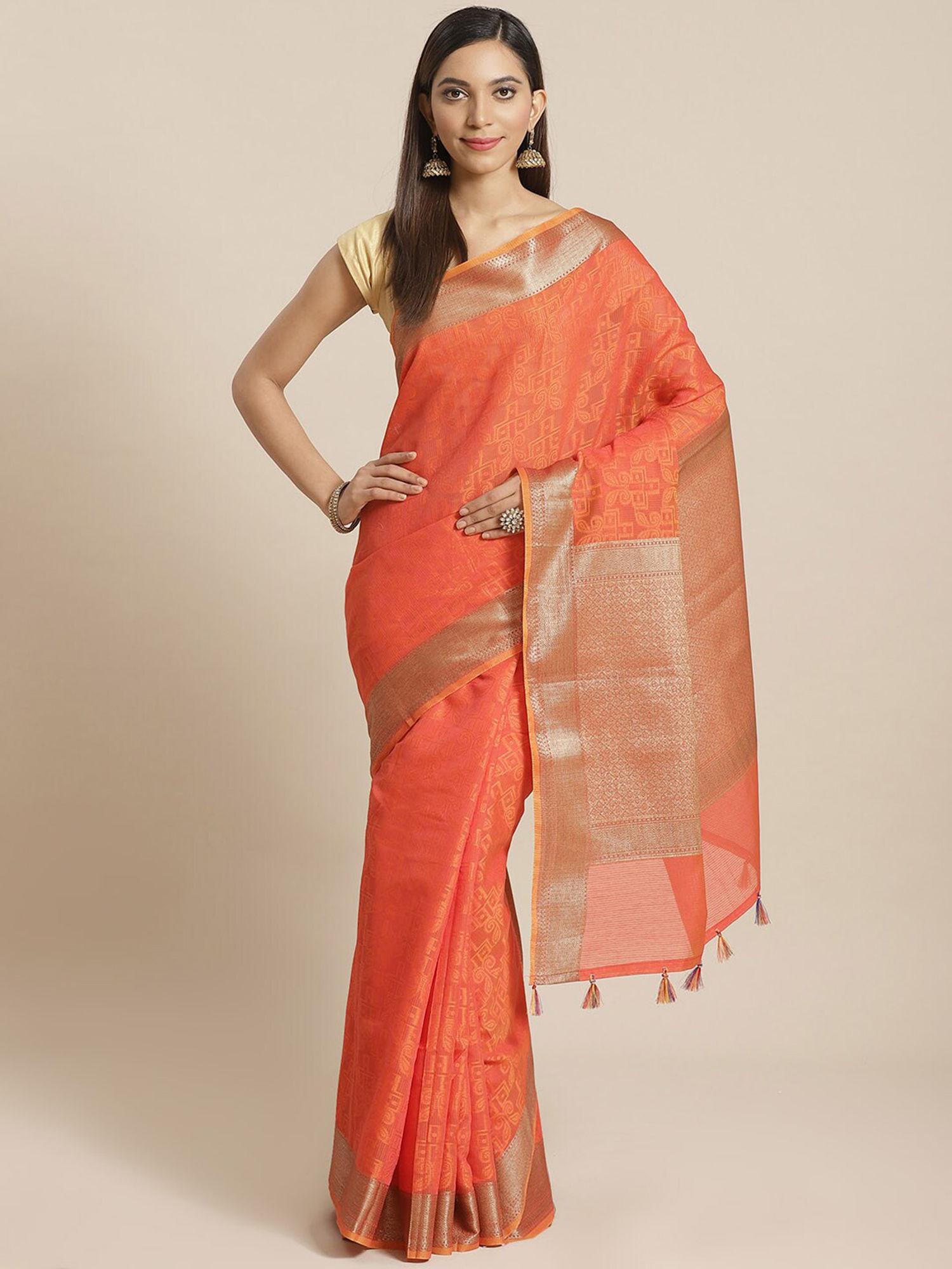 banarasi rust woven design work wear saree with unstitched blouse