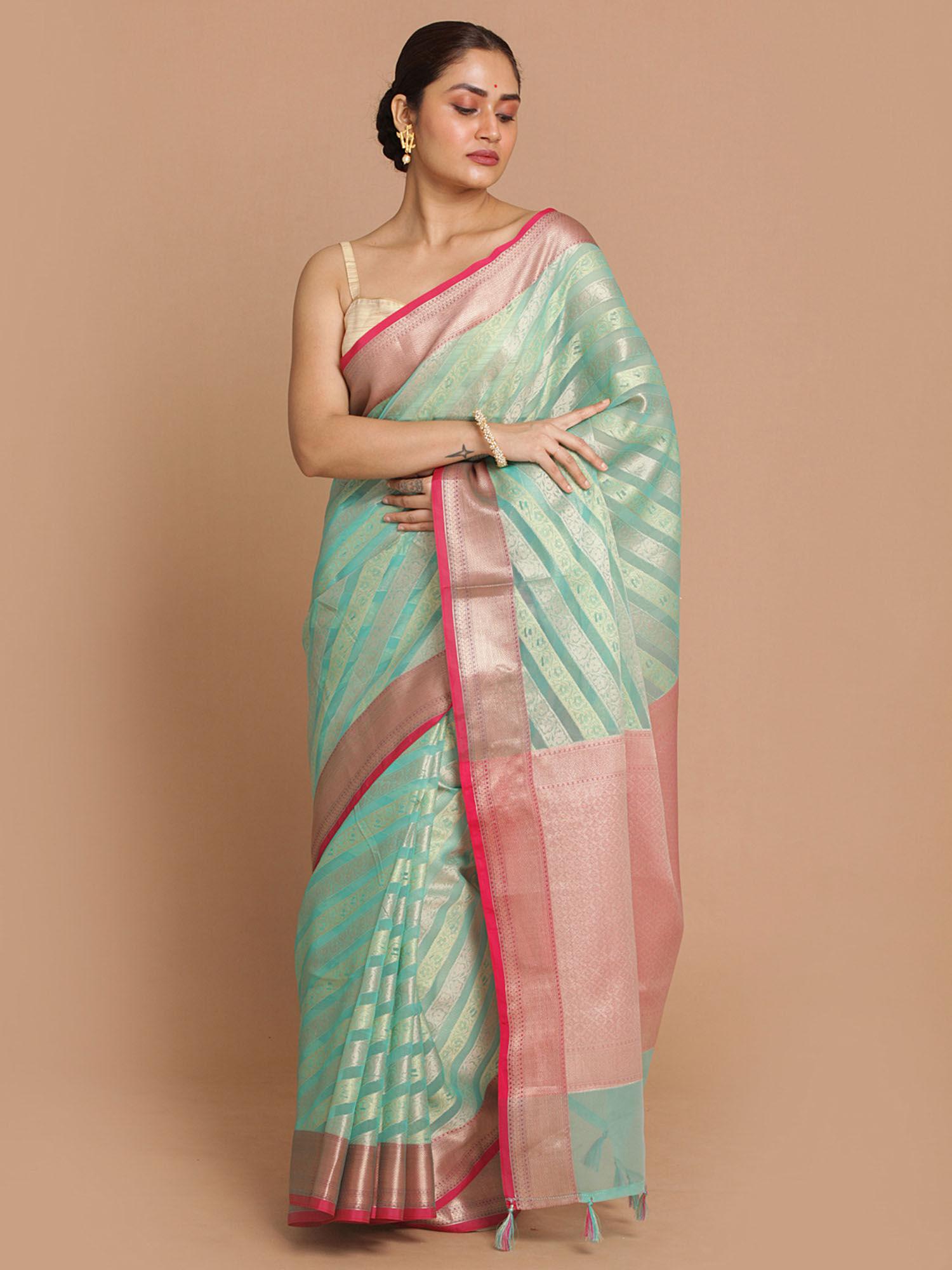 banarasi sea green striped party wear saree with unstitched blouse