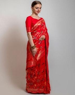 banarasi silk floral pattern saree with tassels