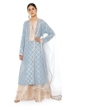 banarasi silk kurta with palazzos & net dupatta with matching 3-ply mask