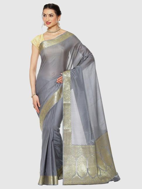 banarasi silk works grey woven saree with unstitched blouse