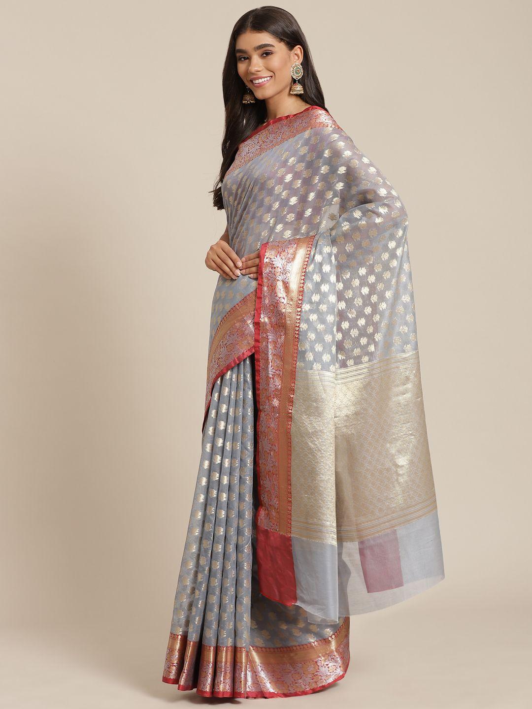 banarasi style grey & gold-toned woven design silk cotton banarasi saree