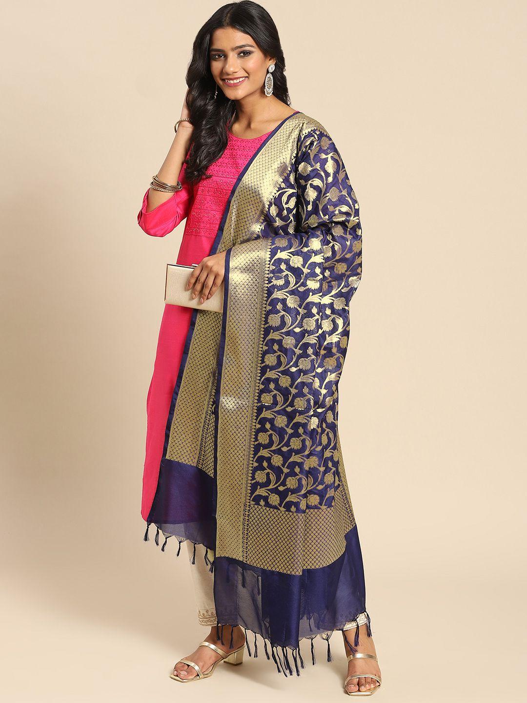 banarasi style navy blue & golden ethnic motifs banarasi dupatta with zari