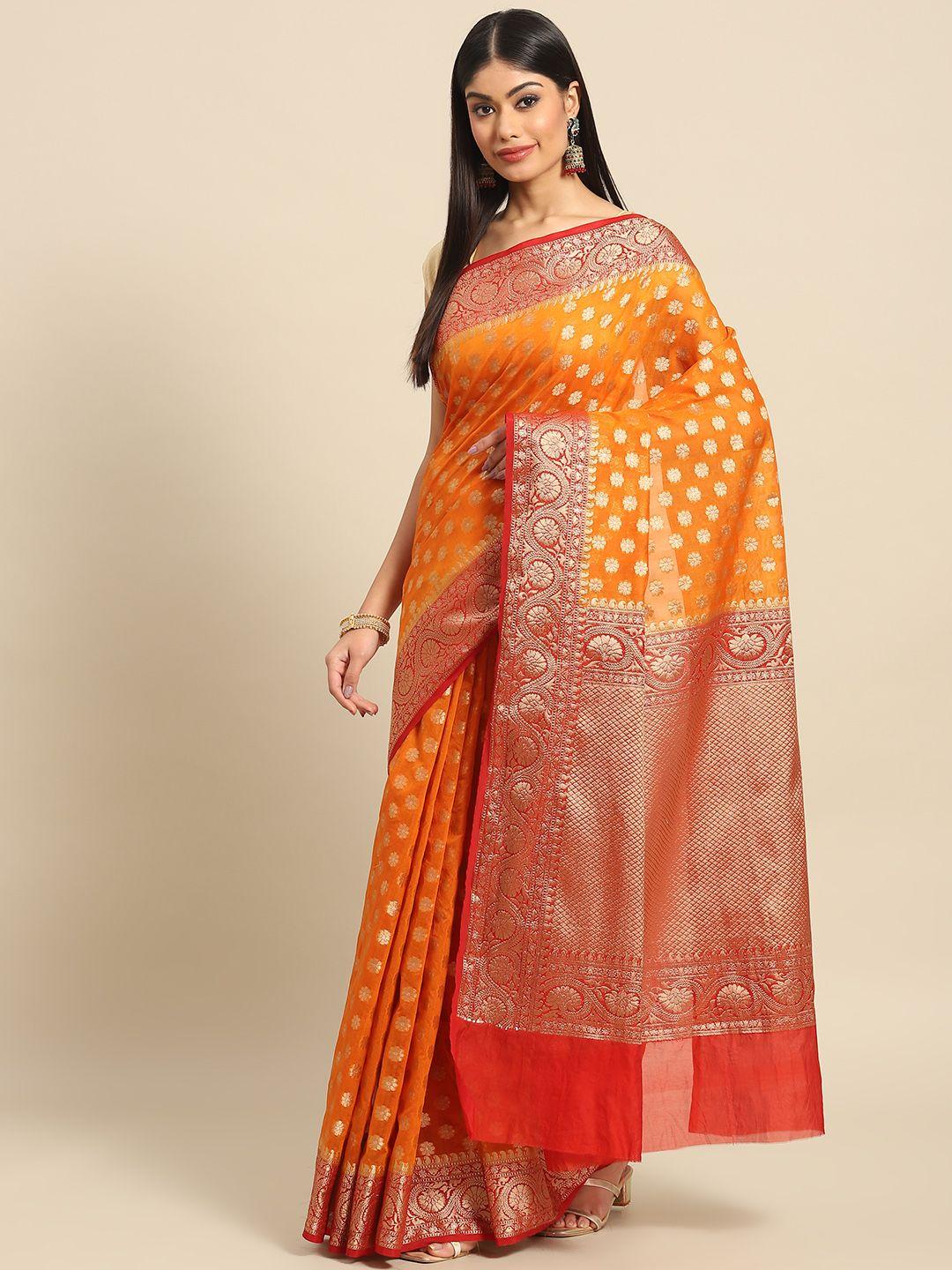 banarasi style orange & red ethnic motifs zari art silk banarasi saree
