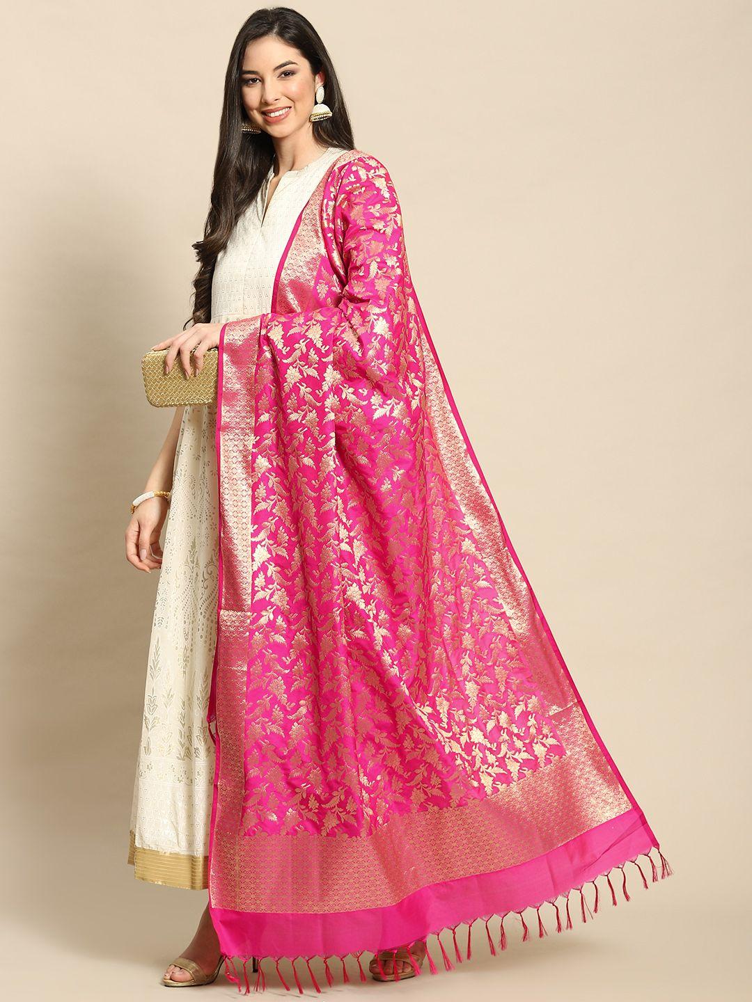 banarasi style pink & gold-toned ethnic motifs woven design art silk dupatta with zari