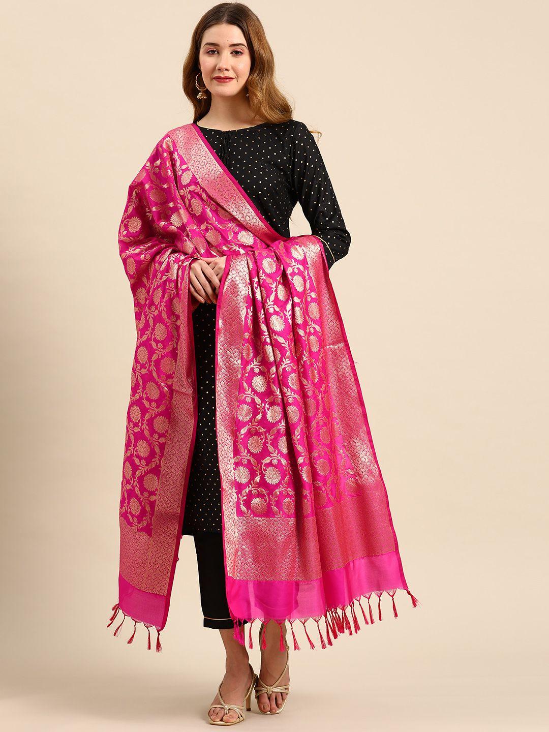 banarasi style pink woven design dupatta with zari
