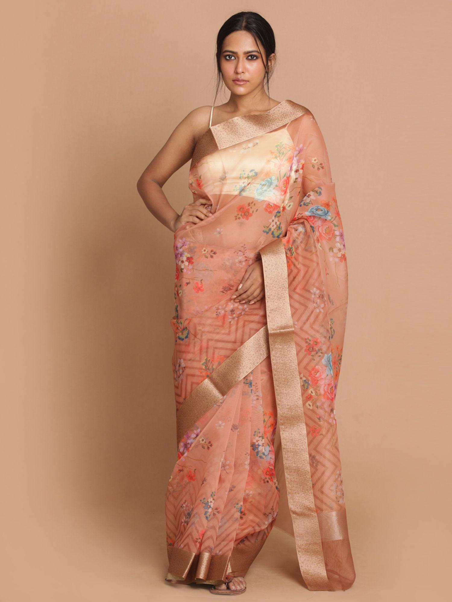 banarasi tan printed party wear saree with unstitched blouse