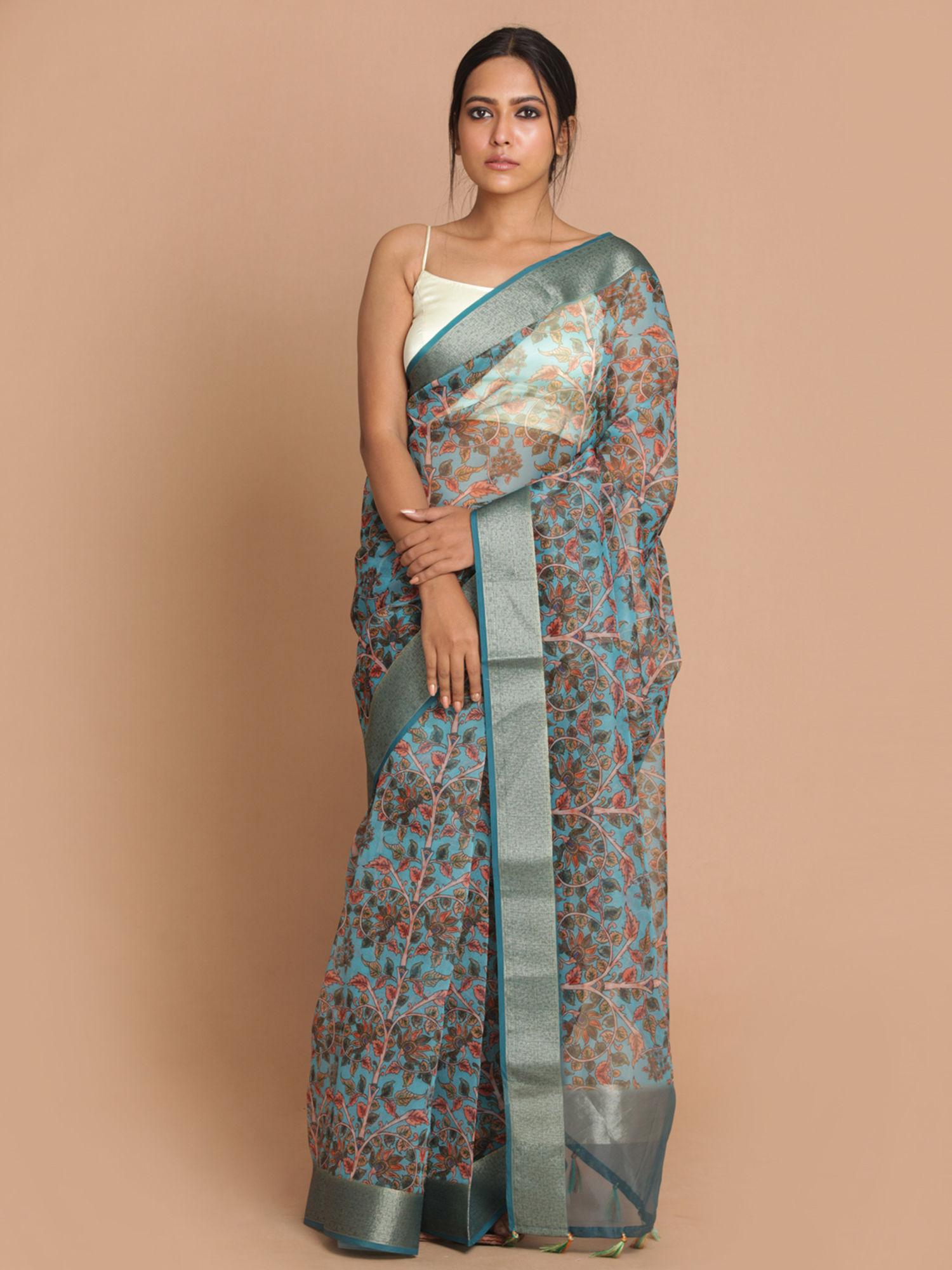 banarasi turquoise blue printed party wear saree with unstitched blouse