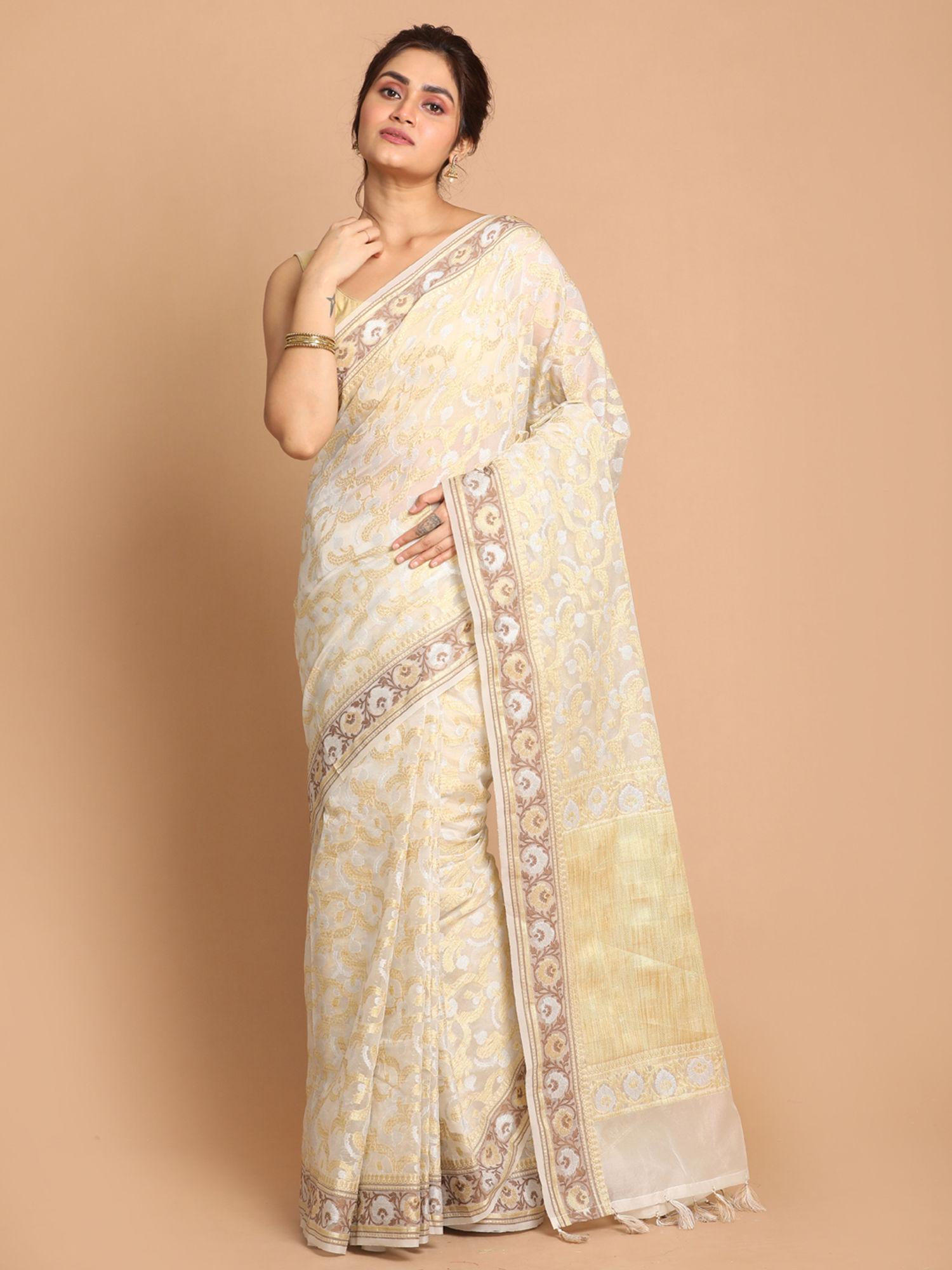 banarasi white woven design festive wear saree with unstitched blouse