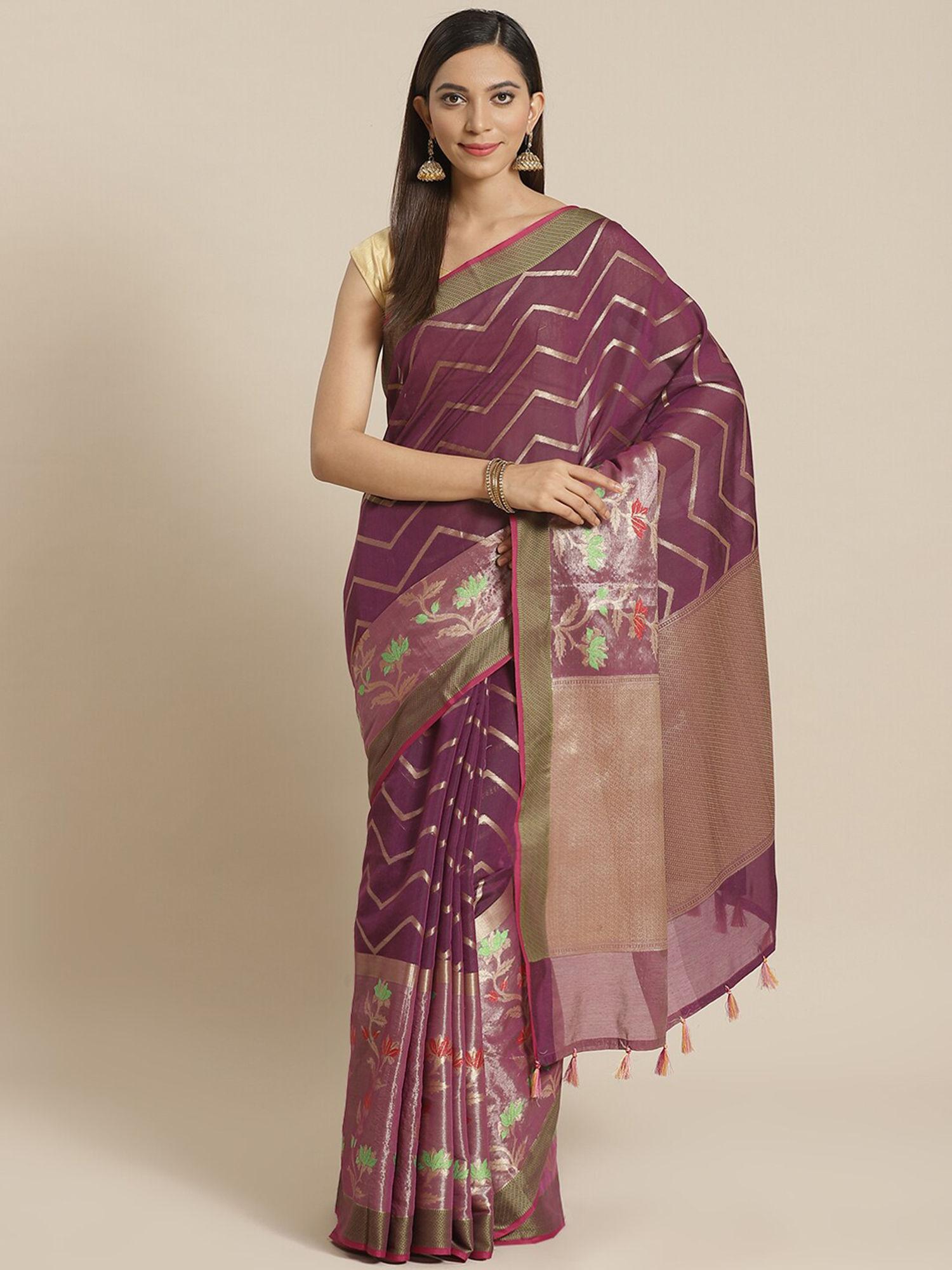 banarasi wine woven design party wear saree with unstitched blouse