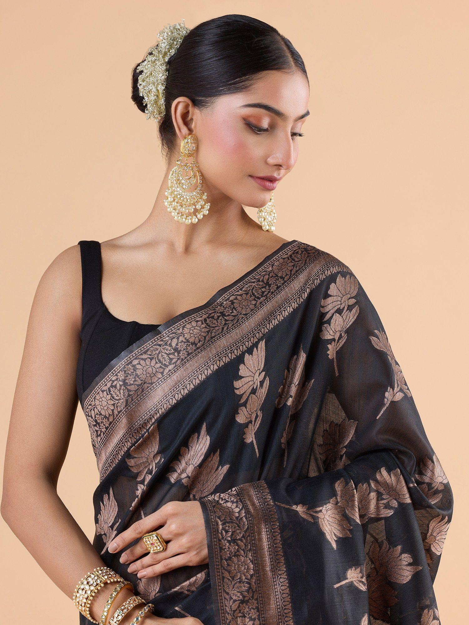 banarasi woven zari festive handloom saree with unstitched blouse - black