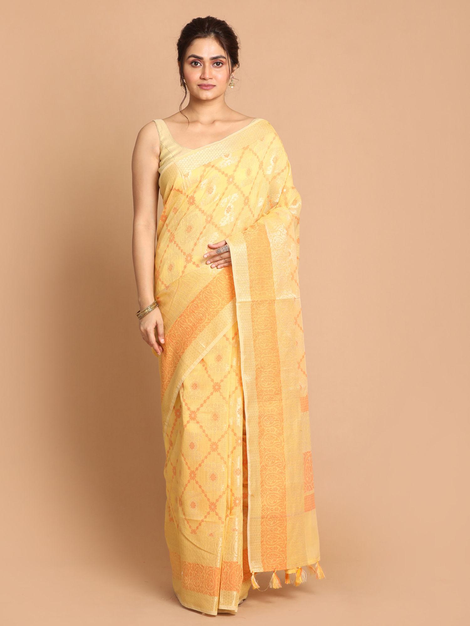 banarasi yellow woven design daily wear saree with unstitched blouse