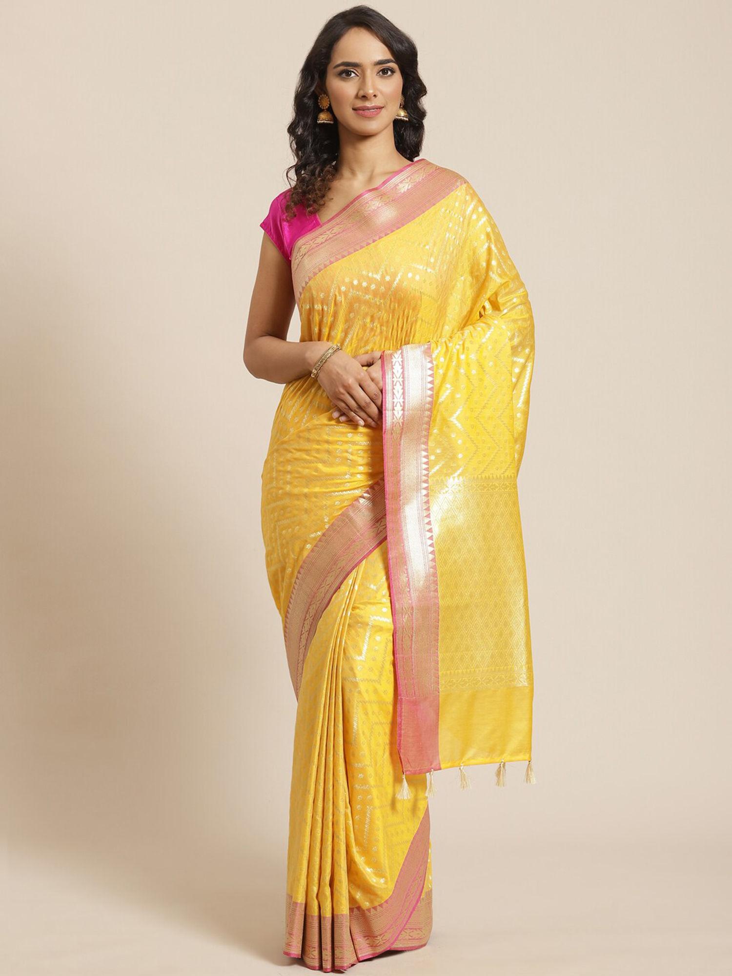 banarasi yellow woven design party wear saree with unstitched blouse