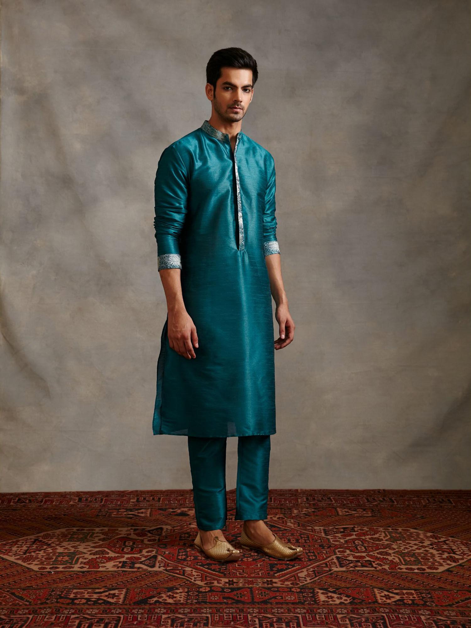 banarasi zari detail buttoned down kurta with straight pants teal blue (set of 2)