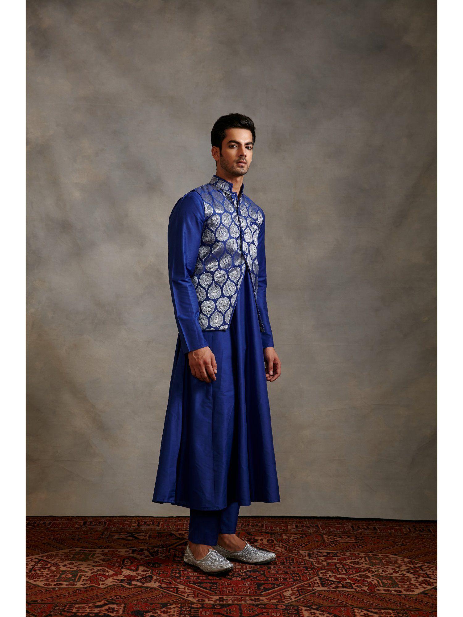 banarasi zari jacket with paneled anarkali kurta & pants imperial blue (set of 3)