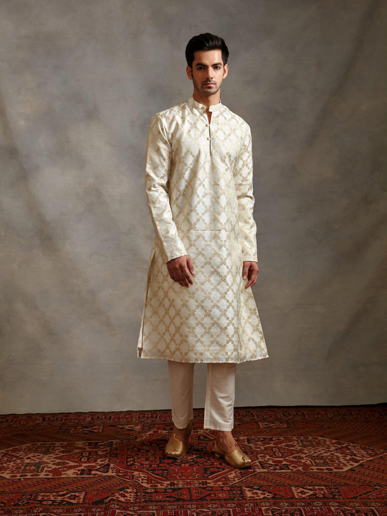 banarasi zari kurta with straight pants ivory (set of 2)