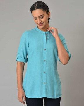 band collar roll-up sleeves tunic