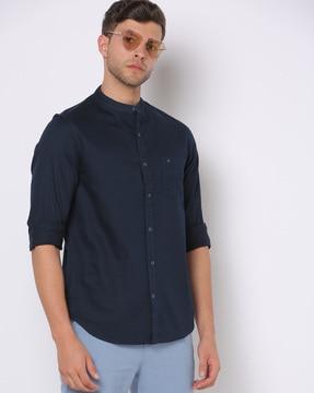 band-collar shirt with patch pockets