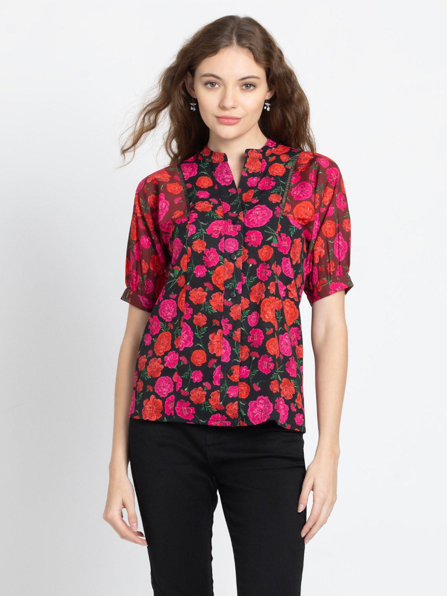 band collar black floral print short puff sleeves casual shirts for women