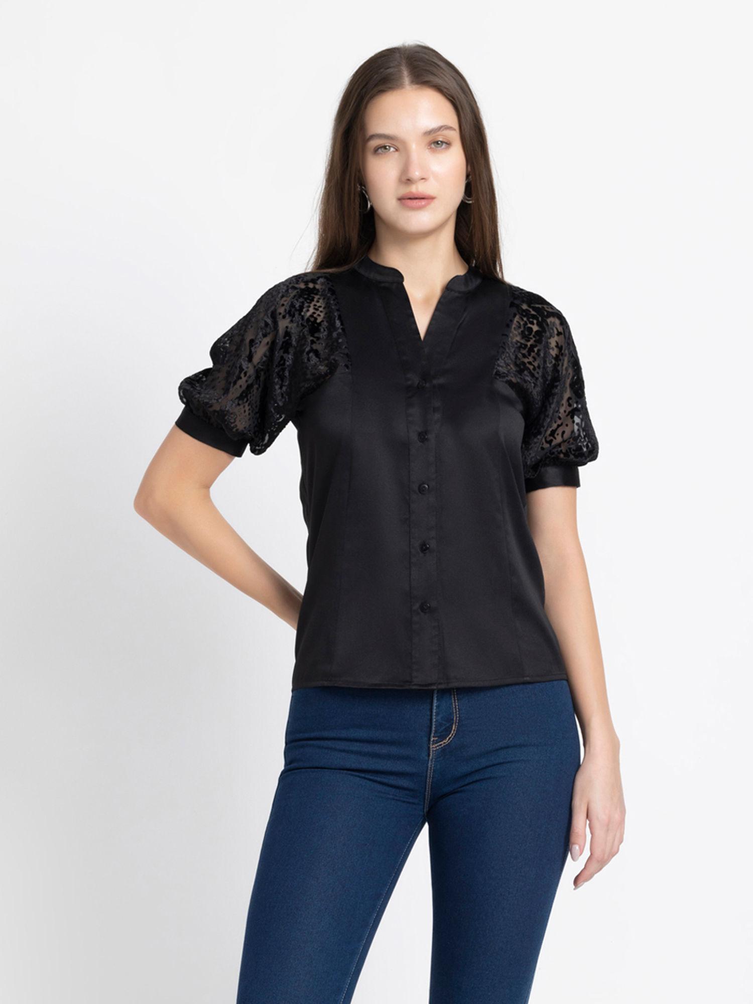 band collar black solid short sleeves casual shirt for women