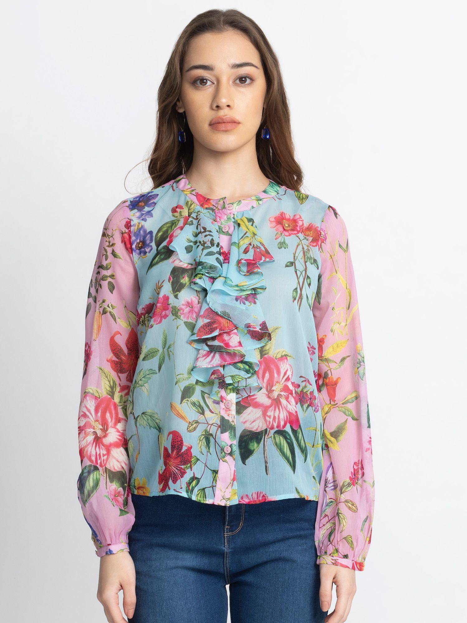 band collar blue printed long sleeves casual shirt for women