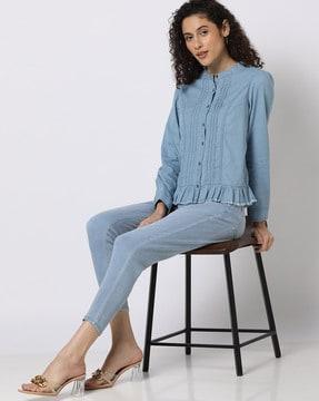 band-collar denim shirt with raw edges