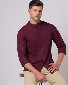 band collar linen blend shirt