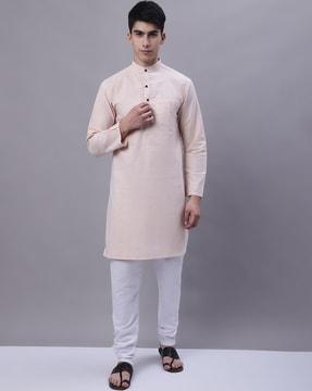 band-collar long kurta with patch pocket