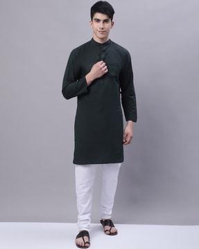 band-collar long kurta with patch pocket