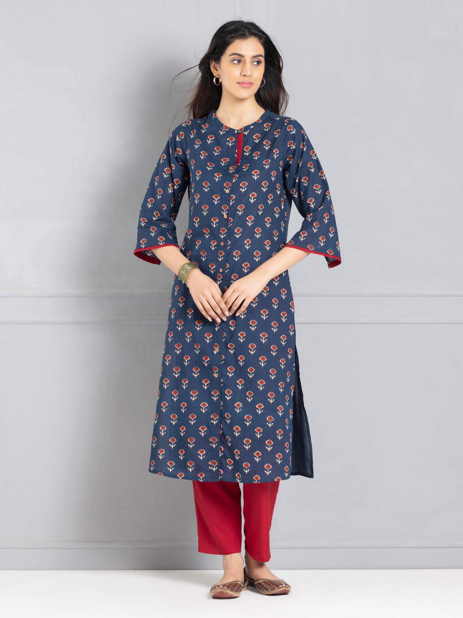 band collar navy blue printed three-quarter sleeves ethnic kurta for women
