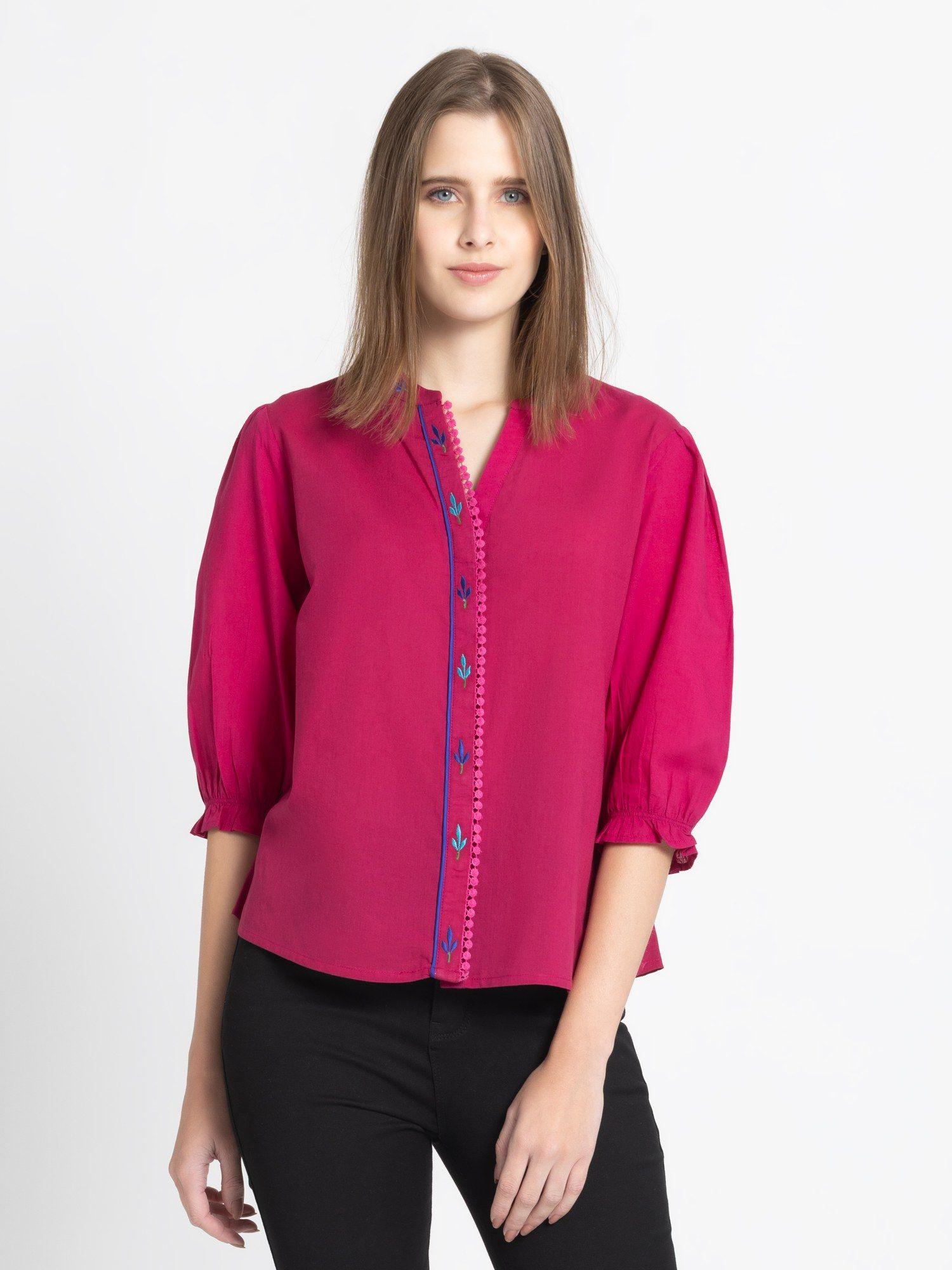 band collar pink embroidered three-quarter sleeves casual top for women