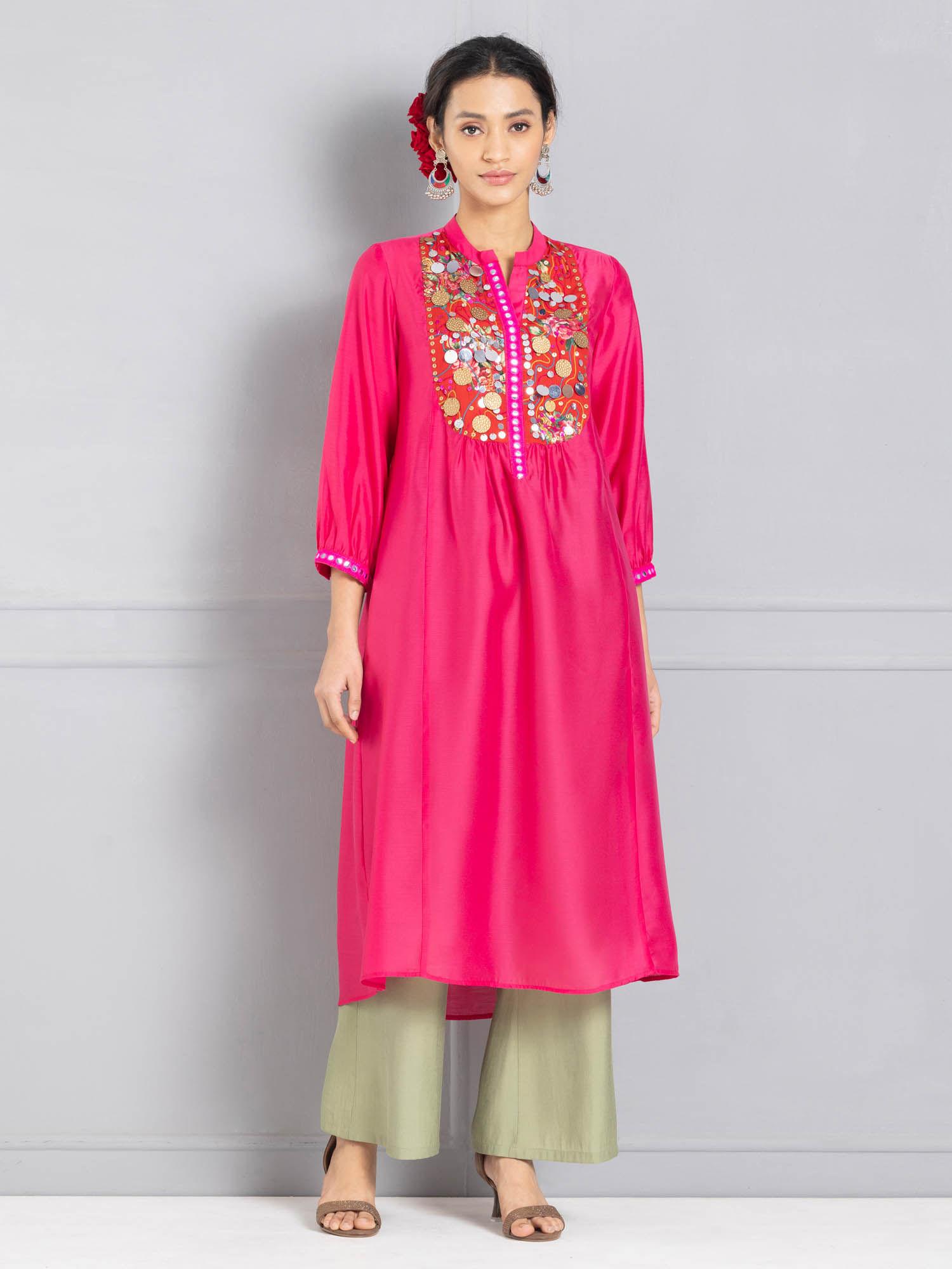 band collar pink printed & embellished ethnic kurta for women