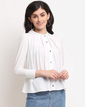 band-collar pleated solid top