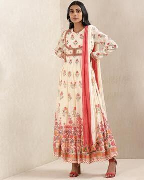 band-collar printed anarkali kurta with leggings & dupatta