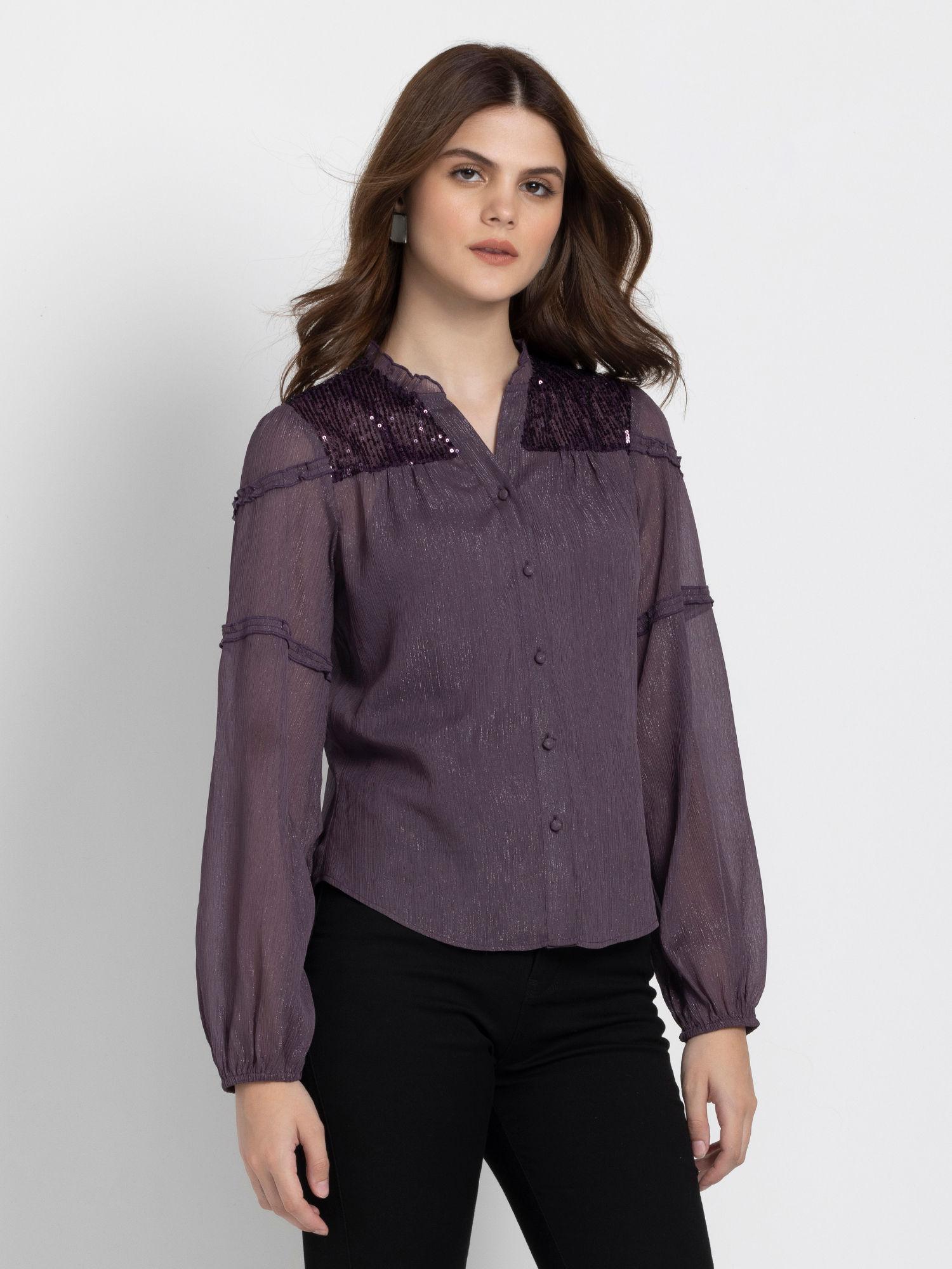 band collar purple solid long sleeves party shirt for women