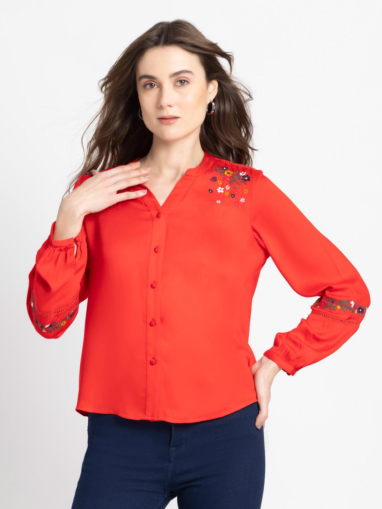 band collar red embroidered long sleeves casual top for women