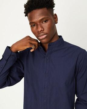 band-collar shirt with snap button closure