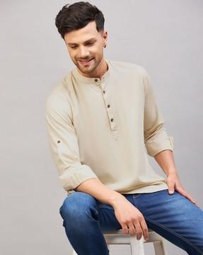 band-collar short kurta with roll-up sleeves