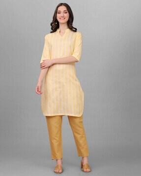 band collar stripes straight kurta & pyjama set