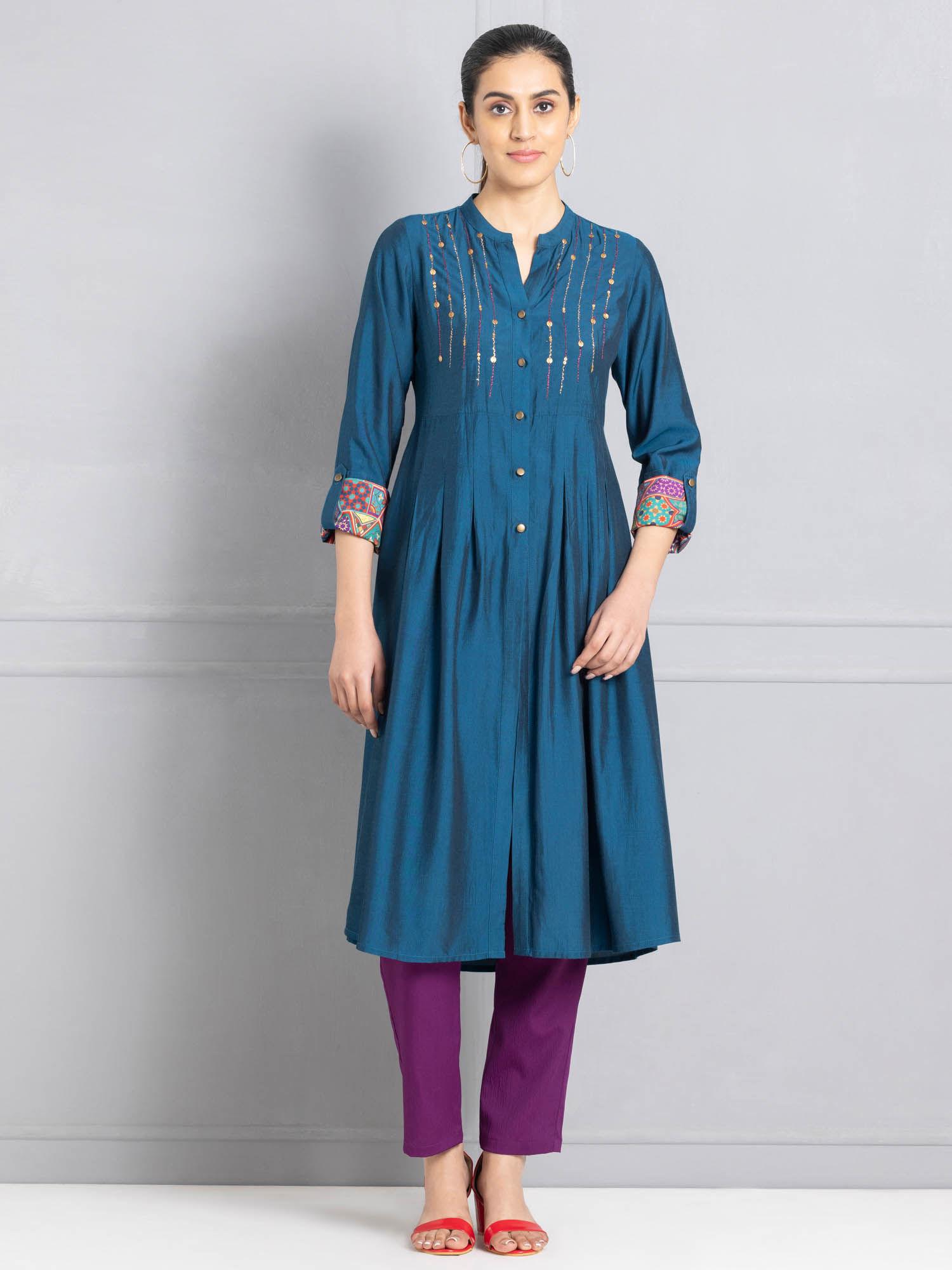 band collar teal embellished long sleeves ethnic kurta for women