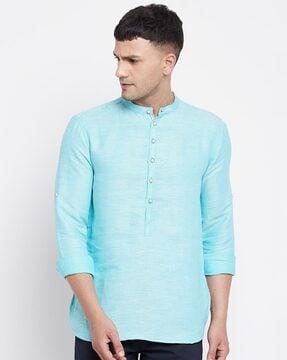 band collar textured short kurta