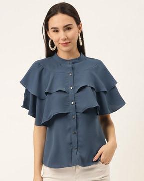 band-collar top with ruffle accent