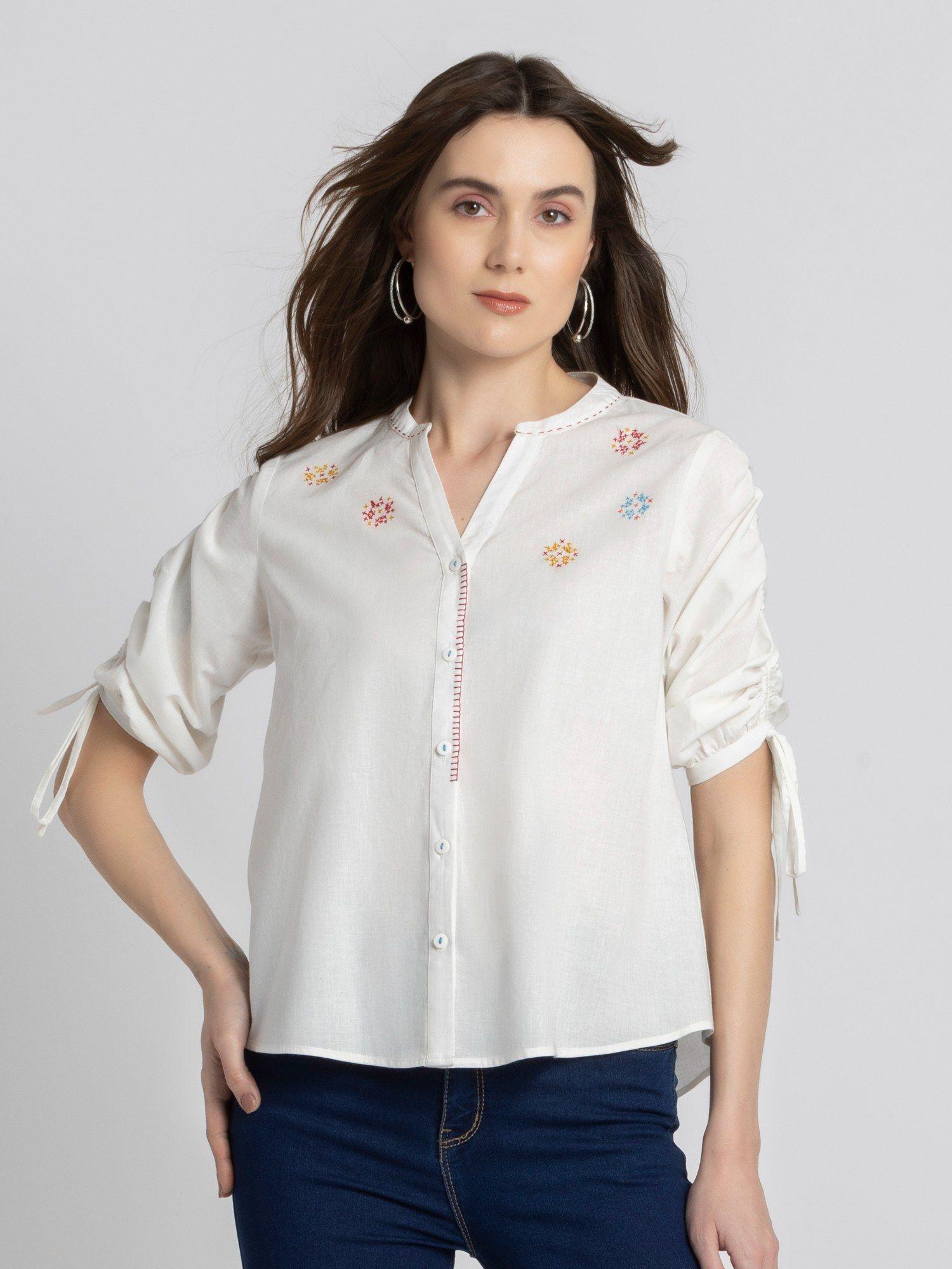 band collar white embroidered three-quarter sleeves casual shirt for women
