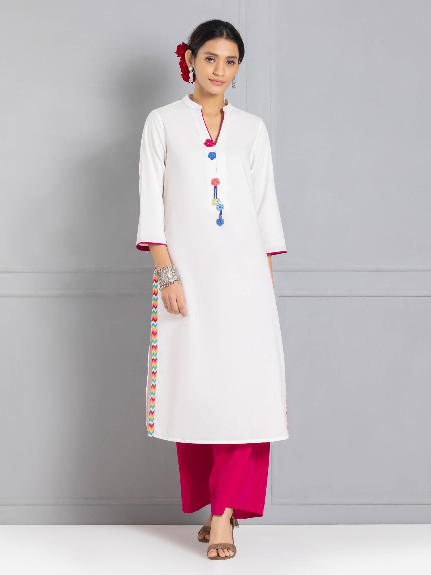 band collar white floral embroidered ethnic kurta for women