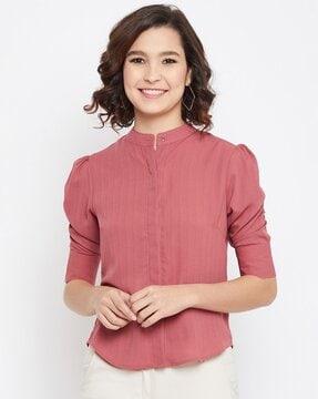 band-collared button-down top