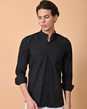 band collared shirt with patch pocket