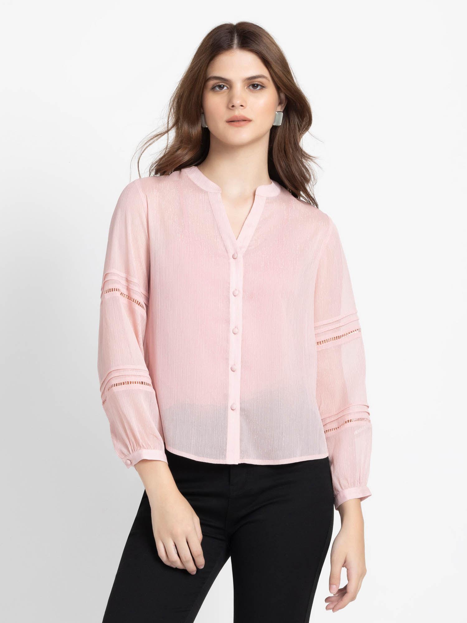 band mandarin neck pink solid full sleeves party shirts with cami for women