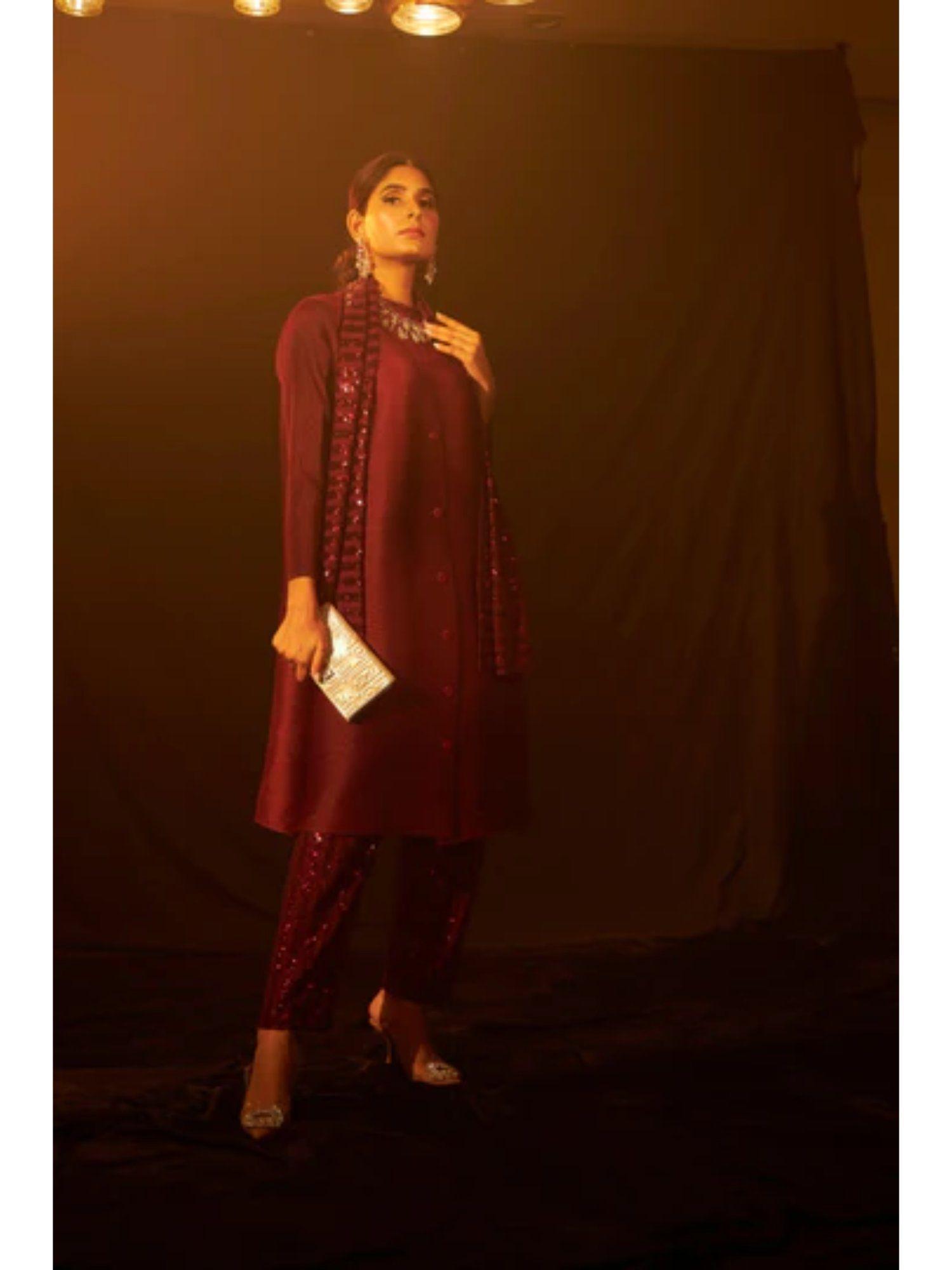 bandgala tunic with sequins pant and sequins scarf - maroon (set of 3)